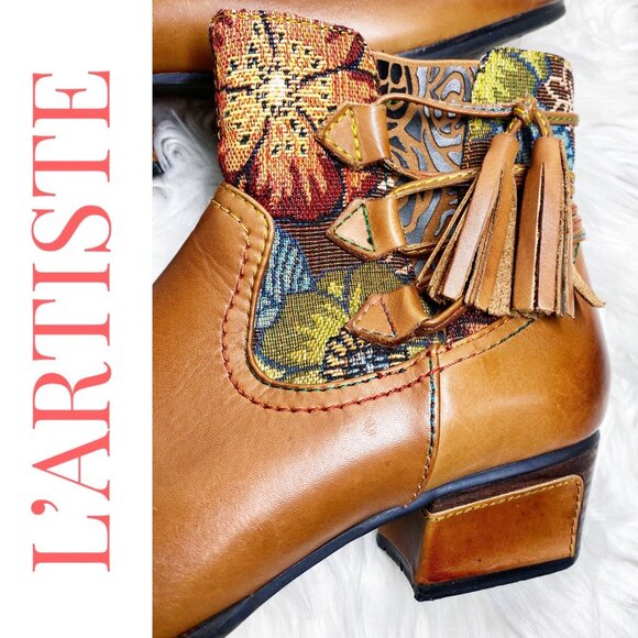 L’ARTISTE LEATHER ANKLE TAPESTRY BOOTIE TASSEL UNIQUE ARTISTIC BOHO, WOMEN’s 40 - Picture 2 of 16